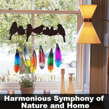 Wind Chimes for Outside with Handmade Glass Feather, Metal Bird Art Ornaments Pendant Windchimes Outdoors Hanging for Indoor Outdoor Yard Patio Porch Decoration, Birthday Gifts for Mom