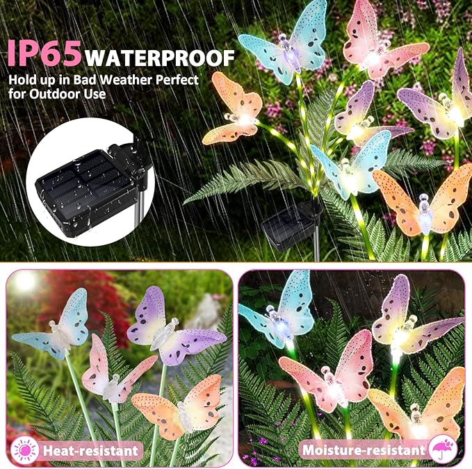 Weepong Solar Lights Outdoor Decorations Waterproof Newest Solar Garden Lights with Glowing Stems, 7-Color Changing Butterfly Flower Light for Outside Yard Pathway Garden Decor, Gift for Mother,2Pack