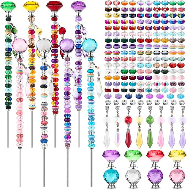 UFU 192Pcs DIY Fairy Wand Beaded Garden Stakes Kit, Decorative Garden Stakes with Colorful Crystal Pendants, Outdoor Fairy Garden Accessories, Beadable Items for Decor, Gifts & Craft (10 in)