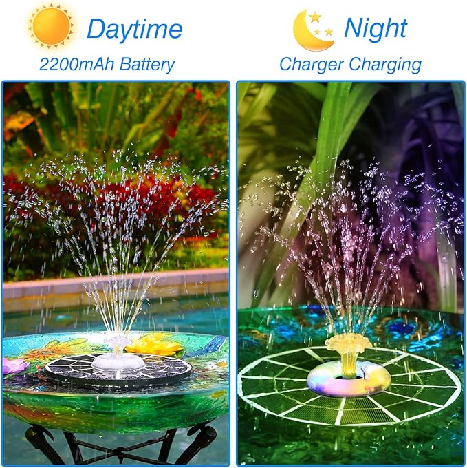 AISITIN 4W Solar Fountain with Lights, Chargeable Solar Bird Bath Fountains Built-in 2200mAh Battery, 2026 Upgrade Glass Panel Solar Water Pump for Bird Bath, Garden, Pond, Pool, Fish Tank, Aquarium