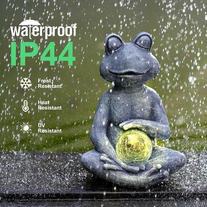 Meditating Yoga Frog Statue with Solar LED Light Ball - 6.8L x 9.65H Zen Garden Figurines for Home and Garden Decor, Frog Decorations Gift Ideas, Gifts for Women Mom