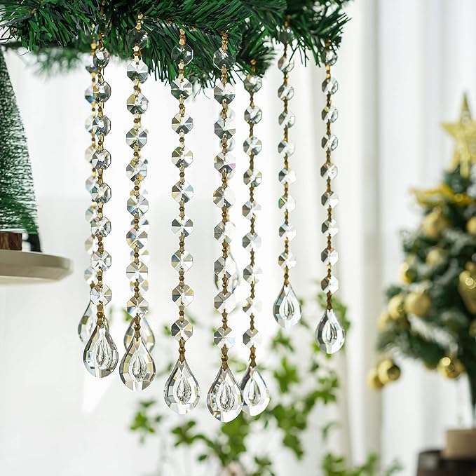 10pcs Crystal Garland Strands Crystal Lamp Beads Glass Loquat Prism Hanging Chandelier Beads Replacements Strings Christmas Wedding Decoration for Home Gold Pinning