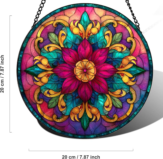 Bohemian Mandala Stained Glass Window Hanging Sun Catcher Indoor Outdoor Home Garden Panel Hangings Gift for Kits Adults (Red)