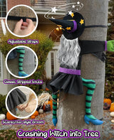 Crashing Witch for Halloween Decorations Outdoor: Hilarious Witch Decor with Adjustable Band for Tree Porch Door