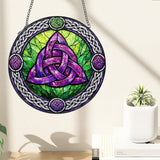Stained Glass Window Hanging Suncatcher, 8" Round Celtic Knot Sun Catcher, Purple and Green Decorative Glass Art for Home Garden, Gift for Women Mom Gradma