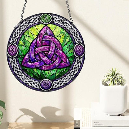 Stained Glass Window Hanging Suncatcher, 8" Round Celtic Knot Sun Catcher, Purple and Green Decorative Glass Art for Home Garden, Gift for Women Mom Gradma