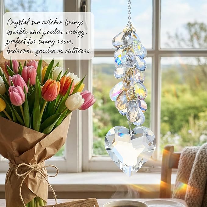 45mm Crystal Glass Heart Prisms Suncatcher Hanging Ornament Chakra Crystals Rainbow Maker with Colors Crystal Pendants for Home,Office,Garden Decoration (Heart)