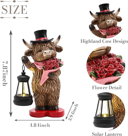 TERESA'S COLLECTIONS 8" Charming Highland Cow Garden Statue with Solar Lantern, Valentine's Day Resin Figurine Holding Roses and Wearing Top Hat, Weatherproof Outdoor Decor, Gifts for Cows Lover
