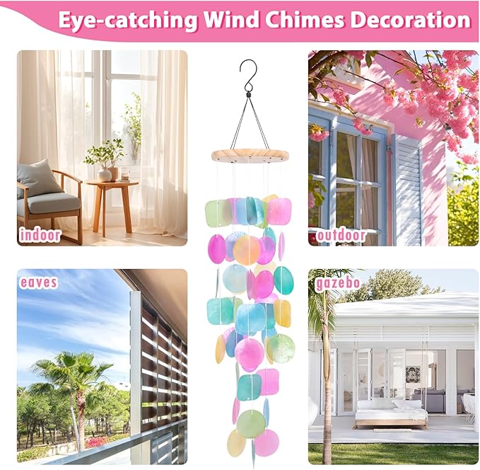 MUMTOP Shell Wind Chimes for Outside Clearance, Tropical Colorful Capiz Shell Wind Chime for Patio,Indoor,Outdoor,Garden,Yard,Coastal,Beach Decor or Gifts for Women,Girl