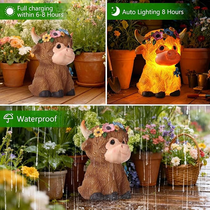 Solar Garden Decor Highland Cow with Flowers Statues Outdoor, Outdoor Figurine Statue Lights, Outdoor Garden Yard Lawn Patio Decoration, Unique House warming Birthday Present for Women Family