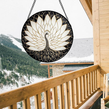 Stained Glass Window Hanging - Peacock Animal Suncatcher for Door Terrace Garden Home Decor Black White Gold Bird Sun Catcher Birthday Gifts for Lovers Women Men Dad Mom Nana 11.8 in