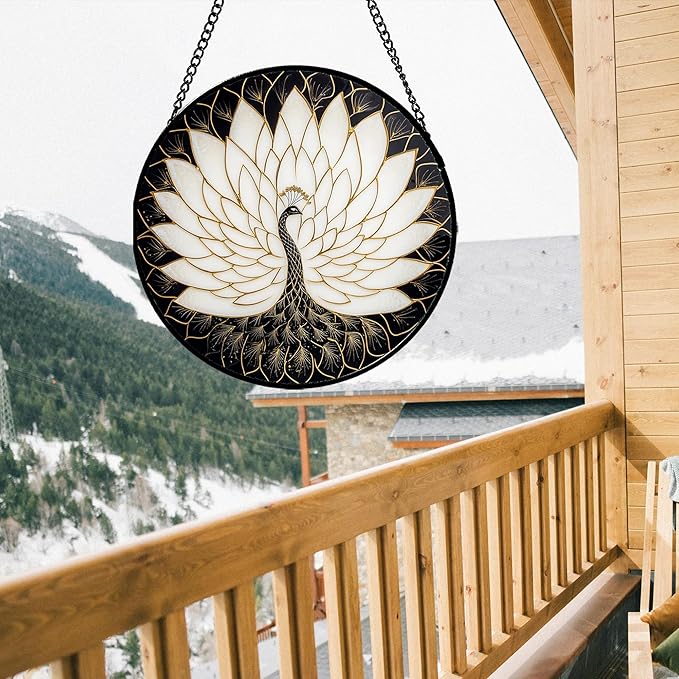 Stained Glass Window Hanging - Peacock Animal Suncatcher for Door Terrace Garden Home Decor Black White Gold Bird Sun Catcher Birthday Gifts for Lovers Women Men Dad Mom Nana 6.3 in