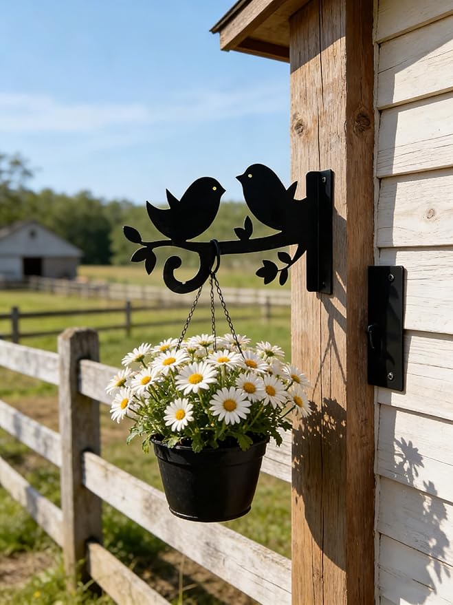 Iron Plant Hangers Hooks for Outdoor -10inch Hanging Plants Flower Fern Pots Lantern Bird Feeder Wind Chimes for Porch Garden Farmhouse (Two Little Birds were Playing on the Branch)