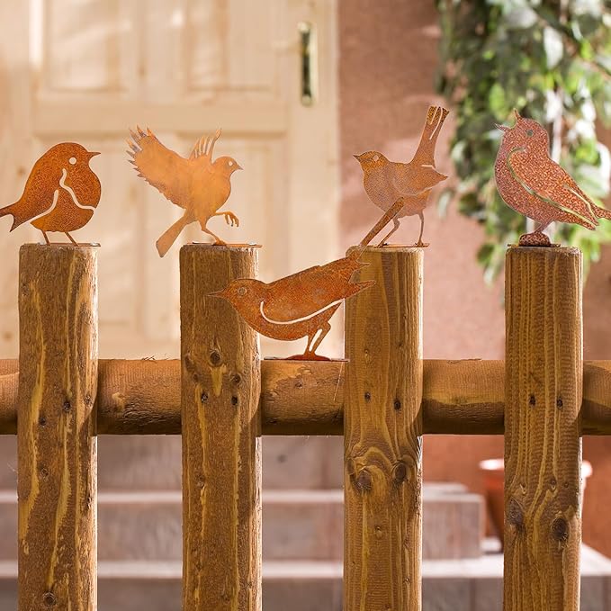 5PCS Rusty Metal Birds Decorations, Garden Yard Art Outdoor Ornaments, Bird Silhouette Statues for Fence Trees, Rustic Cardinal Gifts Spring Decorations (Style B)
