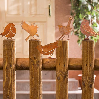 5PCS Rusty Metal Birds Decorations, Garden Yard Art Outdoor Ornaments, Bird Silhouette Statues for Fence Trees, Rustic Cardinal Gifts Spring Decorations (Style B)