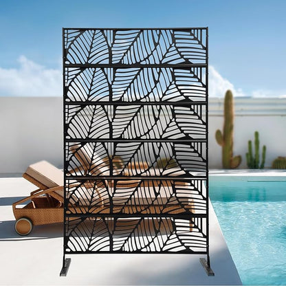 Metal Privacy Screen, 72" H x 44" W Freestanding Privacy Screens, Patio Decorative Metal Fence Panels with Stand, Portable Divider Screens, for Backyard/Patio/Deck (Black-Leaf, 72''H×44''W)