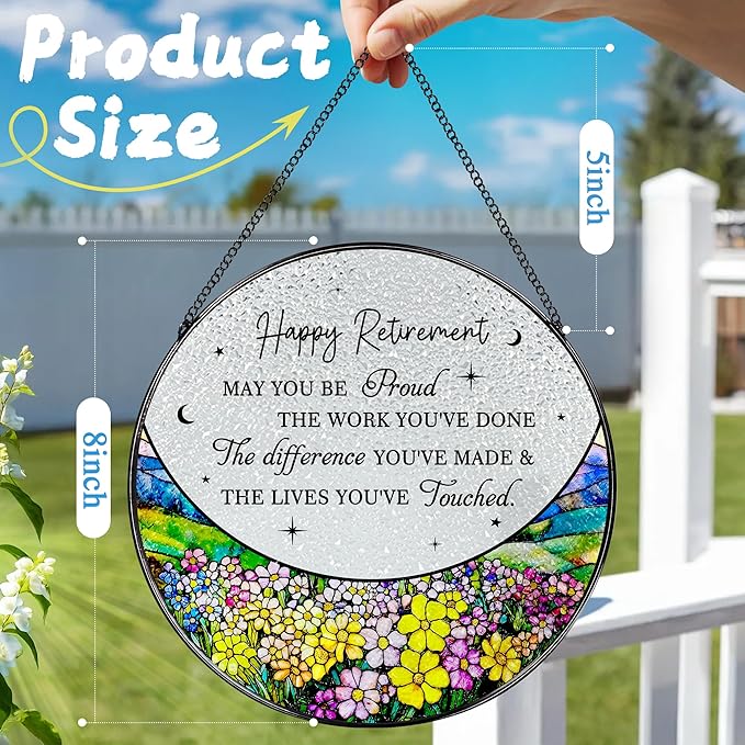 8” Stained Glass Suncatcher Ornament – Floral Retirement Window Hanging Decorations, Retirement Gifts & Retired Gifts for Women, Men, Friends, Coworkers, Teachers - Style I