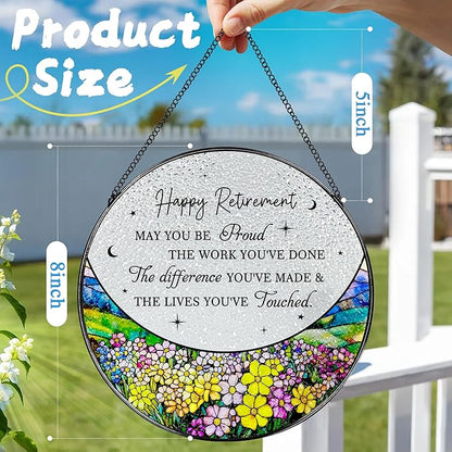 8” Stained Glass Suncatcher Ornament – Floral Retirement Window Hanging Decorations, Retirement Gifts & Retired Gifts for Women, Men, Friends, Coworkers, Teachers - Style I