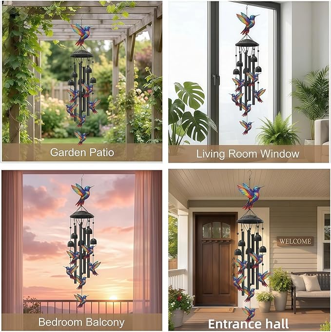 Outdoor Hummingbird Wind Chimes: Colorful Metal Commemorative Gifts of 7 Handmade Hummingbirds, Soothing Melodies in Gardens, Courtyards, and Terraces