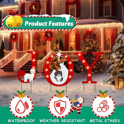WONDER GARDEN Outdoor Christmas Decorations, 3 PCS Metal Christmas Yard Signs, Joy with Nativity Sets Outdoor and Led Light Xmas Yard Stake for Lawn Religious Scenes Yard Decor