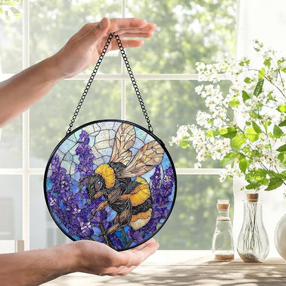 Bee Lavender Flower Suncatchers Stained Glass Window Hanging, Bumblebee Flower Sun Catchers Indoor Window Glass Round Wall Decor, Bee Floral Wall Hanging Decorations, 7.9x7.9in