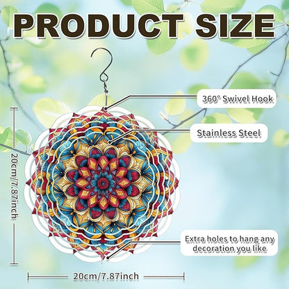 Wind Spinners Outdoor, Hanging Wind Spinner for Garden Decoration, 8 inch 3D Stainless Steel Metal Wind Sculpture for Indoor/Outdoor Decor, Mandala H