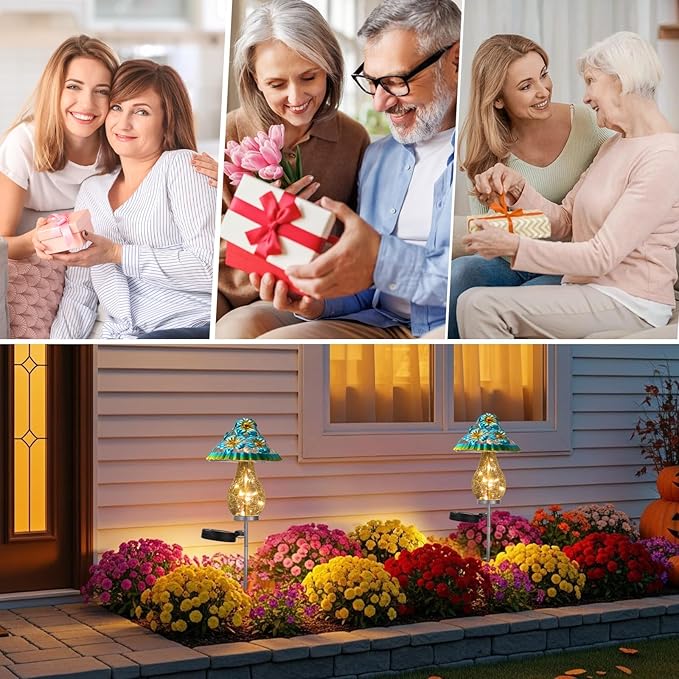 LOVERUIS Mushroom Garden Decor for Outside with Cracked Ball Waterproof Metal Stake Outdoor Yard Patio Decor, Gifts for Women, Mom, Grandma (ARS-Mushroom Blue)