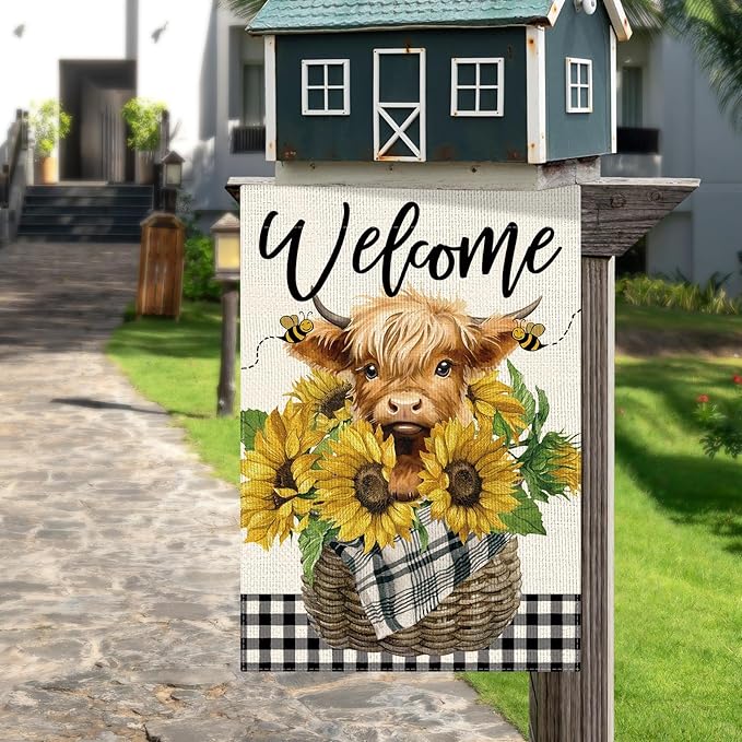 DLZDN Welcome Summer Garden Flag Sunflower Highland Cow Garden Flag 12×18 Inch Double Sided Buffalo Plaid Farmhouse Yard Flag Spring Summer Seasonal Outdoor Decor