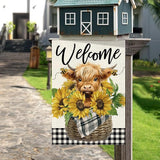 DLZDN Welcome Summer Garden Flag Sunflower Highland Cow Garden Flag 12×18 Inch Double Sided Buffalo Plaid Farmhouse Yard Flag Spring Summer Seasonal Outdoor Decor