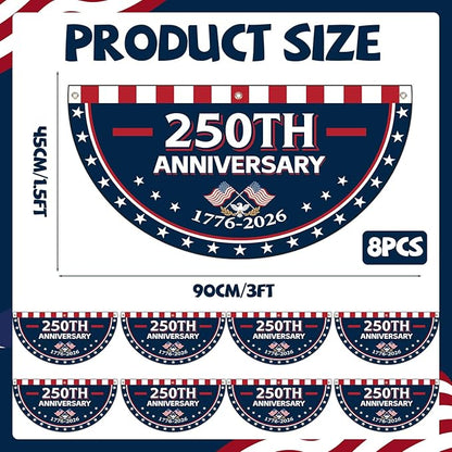 8Pcs 1.5x3 Ft 250th Anniversary USA Flag Bunting 1776-2026 Birthday Fan Flag Decoration Patriotic Stars 250 Years Anniversary Yard Signs for 4th of July Memorial Day Indoor Outdoor Porch Hanging Decor