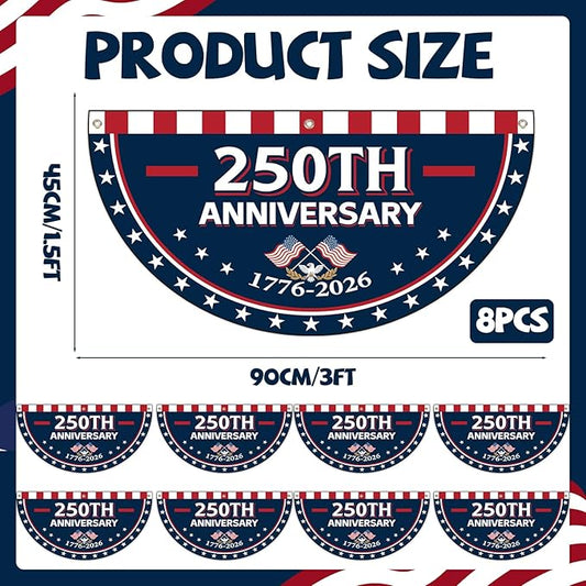 8Pcs 1.5x3 Ft 250th Anniversary USA Flag Bunting 1776-2026 Birthday Fan Flag Decoration Patriotic Stars 250 Years Anniversary Yard Signs for 4th of July Memorial Day Indoor Outdoor Porch Hanging Decor