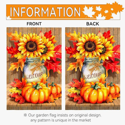 Fall Garden Flags Thanskgiving Sunflower Pumpkin Printing Garden Flag Welcome Autmn Maple Leaves Yard Flag for Outside Mason Jar Pattern Double Side Floral House Flag Decor Standard Size 12×18 Inch