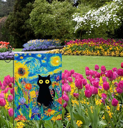 Oil Painting Starry Night Sky Moon Cat Flowers Spring Garden Flag 12x18 Inch Double Sided Small Burlap Yard Flag Seasonal Farmhouse Outdoor Outside Holiday Decoration