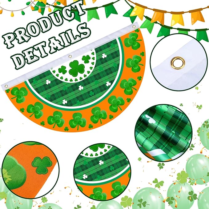 6 Pcs St. Patrick Day Bunting Fan Flag Irish Shamrock Clover Bunting Flag Happy St. Patrick Day Garden Half Fan Banner Decoration Holiday Indoor Outdoor Yard Decor, 1.5 x 3 ft