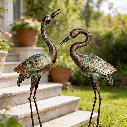 Shorayn Garden Crane Statues, Blue Heron Sculptures for Outdoor, Cranes Decor Metal Bird, Patina Garden Art Lawn Ornaments for Yard Patio Porch Outside Decorations