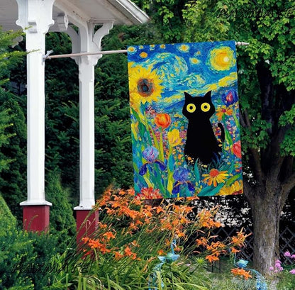 Oil Painting Starry Night Sky Moon Cat Flowers Spring House Flag 28x40 Inch Double Sided Large Burlap Yard Flag Seasonal Farmhouse Outdoor Outside Holiday Decoration