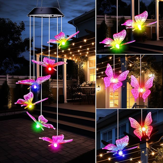 Retisee LED Solar Hanging Wind Chime, Outdoor Mobile Color Changing Light, Home Yard Garden Decoration Automatic Light Gift for Party Women Mom (Butterfly)