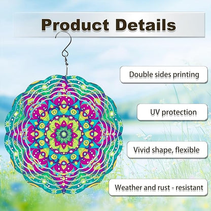 Multi Color Mandala Wind Spinners Outdoor, Hanging Wind Spinner for Garden Decoration, 8 inch 3D Stainless Steel Metal Wind Sculpture for Indoor/Outdoor Decor
