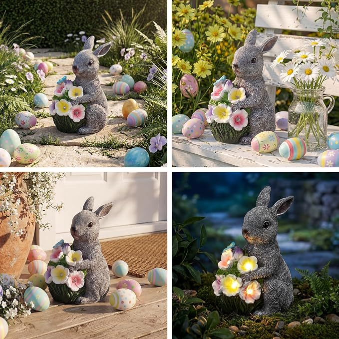 PETAFLOP Solar Garden Rabbit Statue Decor, Bunny Figurine with Flower Lights for Yard, Patio, Pathway, Lawn, Patio, Balcony