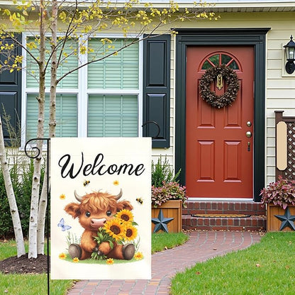 Welcome Highland Cow Garden Flag Spring Summer Sunflower Yard Flags Cute Farmhouse House Banner for Outdoor Front Yard Lawn Porch Patio Country Rustic Home Decoration 12x18 Inch