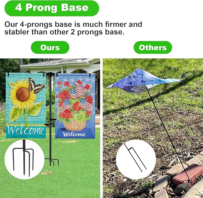 Garden Flag Stand Holder with 4 Prong Base for Double Flags, 3/4 Inch Extra Thick Heavy Duty Yard Flag Holder for Outside 12x18 Home Patio Decor