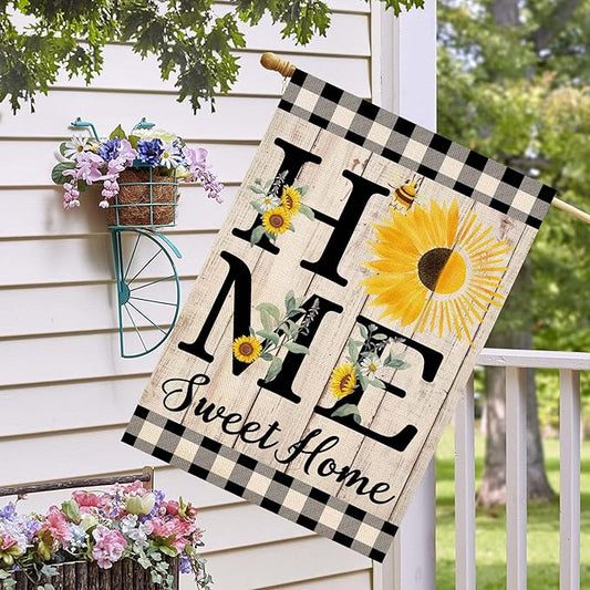 ORTIGIA Summer Sunflower House Flag Burlap Vertical Double Sided 28 x 40 Inch Home Sweet Home Spring Floral Flower Large House Flag Buffalo Check Plaid Home Front Yard Patio Outside Outdoor Decor