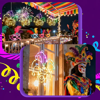 Baquler Mardi Gras Window Lights 13.5 Inch Mardi Gras Window Decorations Jester Mask Hanging Light up USB Powered with Timer and 8 Lighting Modes for Home Wall Indoor Outdoor Decor