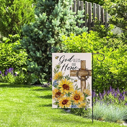 Christian God Bless Our Home Decorative Garden Flag, Religious Spring Summer Easter Cross Sunflower Yard Outside Decorations, Inspirational Fall Autumn Burlap Outdoor Small Home Decor 12 x 18