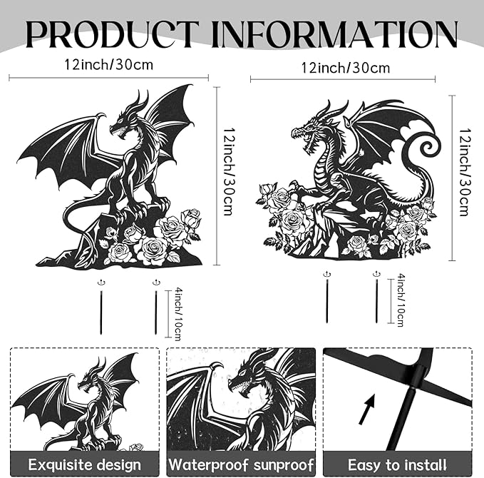 Dragon Decor Garden Stakes - 2 Pcs Metal Yard Art Statues Waterproof Outside Dragons Silhouette Decoration Patio Lawn Backyard Walkway Sign Christmas New Year Birthday Gifts for Women Mom