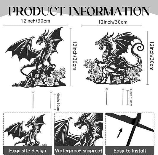 Dragon Decor Garden Stakes - 2 Pcs Metal Yard Art Statues Waterproof Outside Dragons Silhouette Decoration Patio Lawn Backyard Walkway Sign Christmas New Year Birthday Gifts for Women Mom