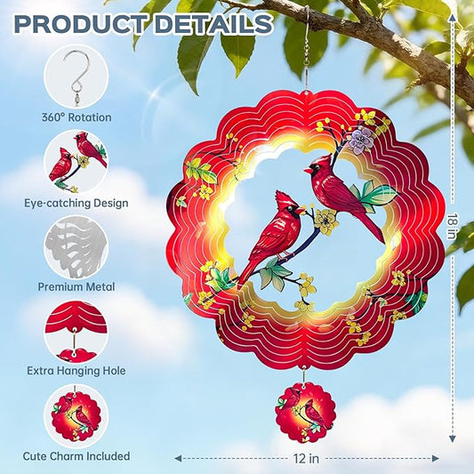 Cardinal Wind Spinner, IDEA SHOW 12Inch Metal 3D Kinetic Metal Wind Spinners, Cardinal Gift for Women, Mom, Garden & Yard Decor Outdoor/Indoor Decoration, Dynamic Art Hanging Sculpture (12In-Cardinal)