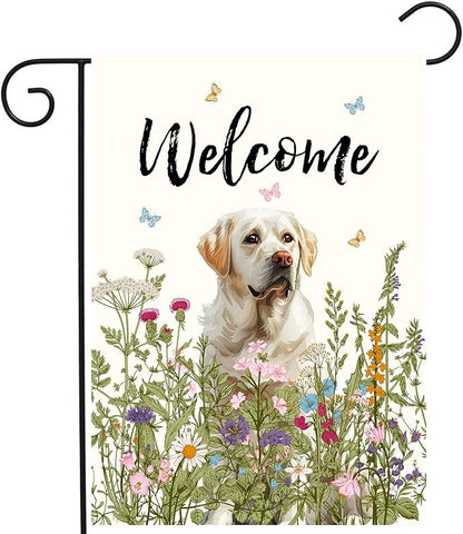 Floral White Lab Garden Flag Spring Summer Yard Flag Flower Dog Labrador Garden Flags for Outside Small Outdoor Welcome Flags 12x18 Double Sided