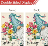 Hello Spring Gnome Garden Flag 12x18 Double Sided Burlap Butterfly Floral Garden Yard Banner for Summer Rustic Seasonal Outside Outdoor House Decoration (ONLY FLAG)