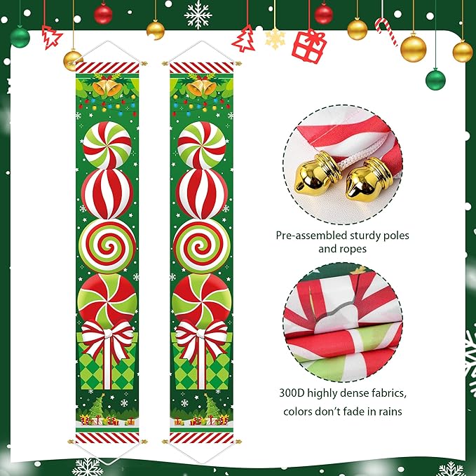 Ivenf Christmas Decorations Outdoor Yard: Large Peppermint Giftbox Front Porch Sign Set, Hanging Red Green White Door Banner Xmas Decorations for Home Wall Front Door Yard Garage Indoor Outdoor Decor